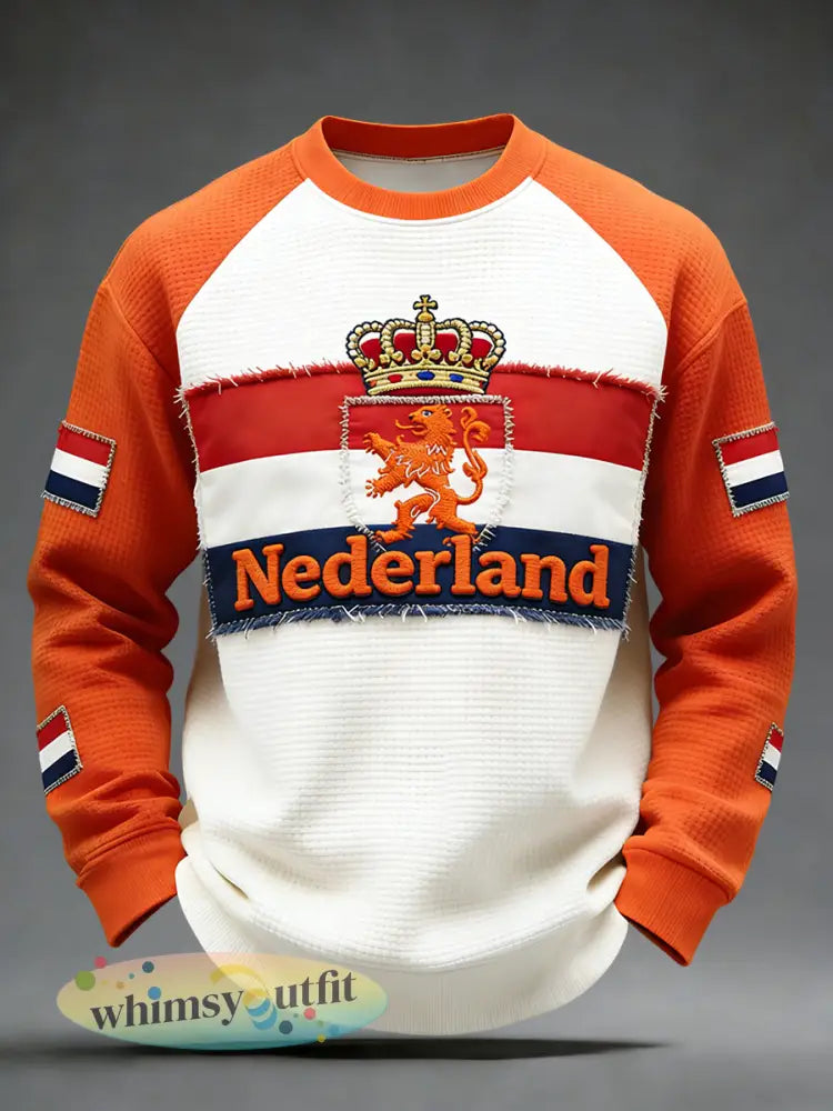 Retro Nederlandse Koningsdag Kunst Casual Waffle-Weave T-shirt - Sinaasappel / S
