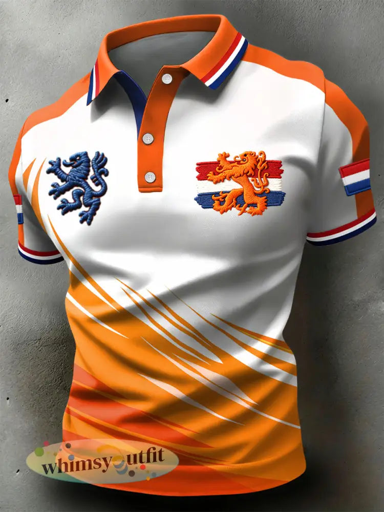 Retro Nederlandse Koningsdag Kunst Geometrisch Casual Poloshirt - Sinaasappel / S