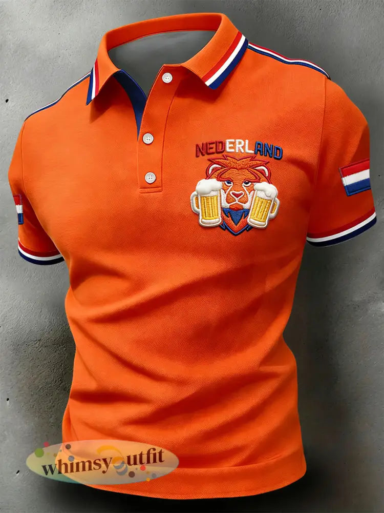 Retro Nederlandse Koningsdag Leeuw Bier Casual Poloshirt - Sinaasappel / S