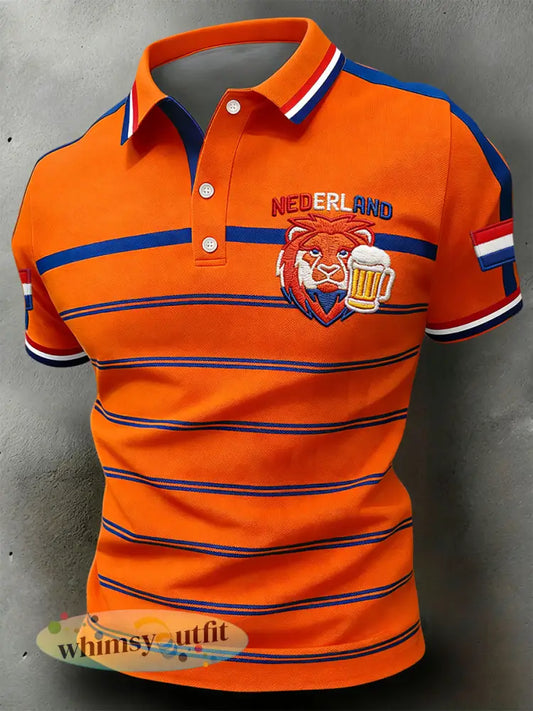 Retro Nederlandse koningsdag leeuw bier gestreept casual poloshirt - Sinaasappel / S