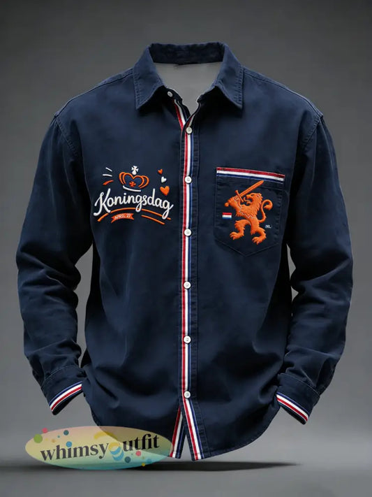 Retro Nederlandse Koningsdag Leeuw Casual Shirt - Donkerblauw / S