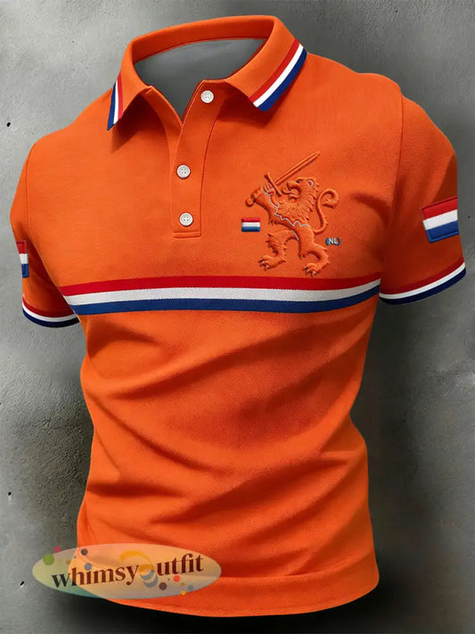 Retro Nederlandse Koningsdag Leeuw Embleem Casual Poloshirt - Sinaasappel / S