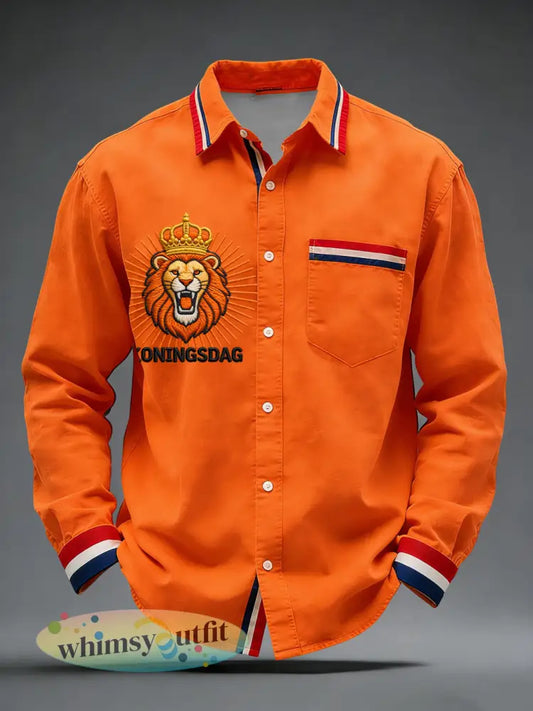 Retro Nederlandse Koningsdag Leeuw Embleem Casual Shirt - Sinaasappel / S