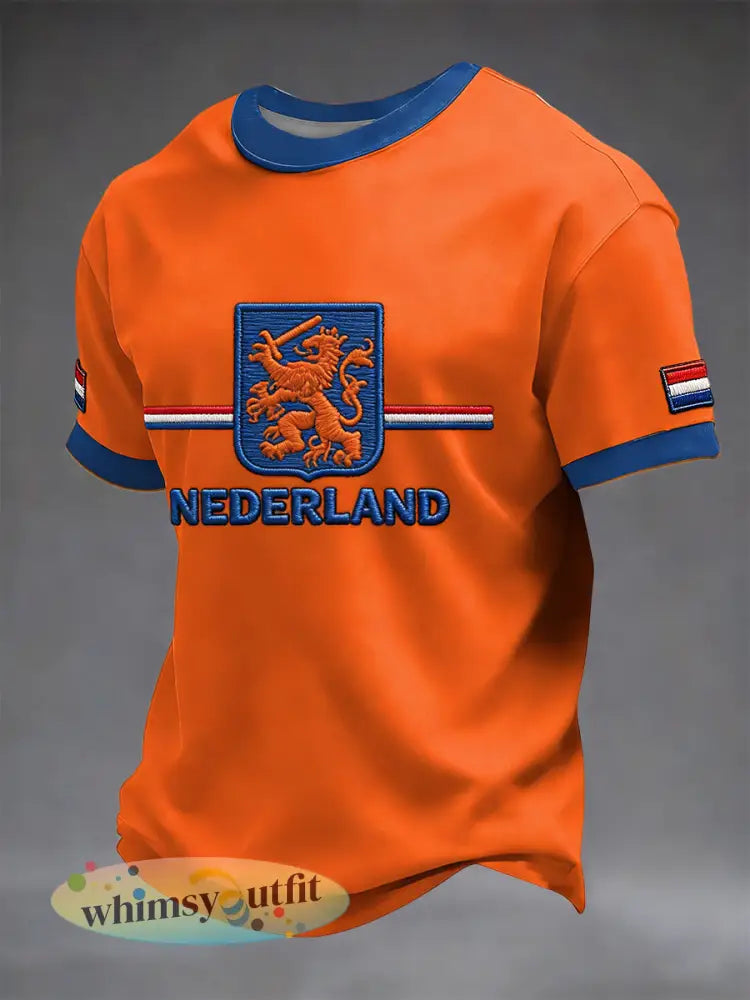 Retro Nederlandse Koningsdag Leeuw Embleem Patchwork Casual T-shirt - Sinaasappel / S