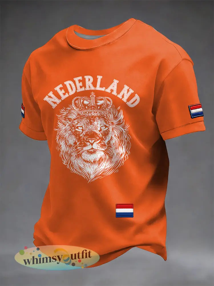 Retro Nederlandse Koningsdag Leeuw Emblem Kunst Casual T-shirt - Sinaasappel / S
