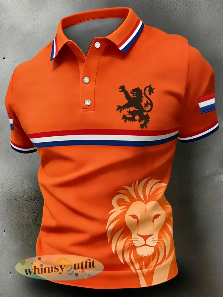 Retro Nederlandse Koningsdag Leeuw Patchwork Casual Poloshirt - Sinaasappel / S