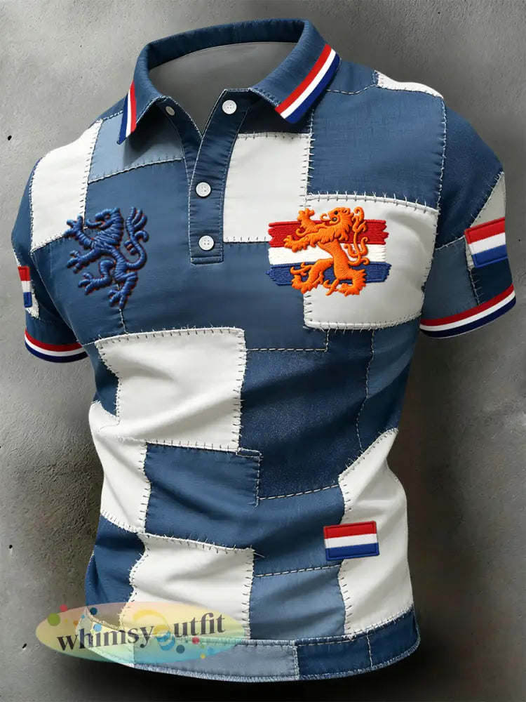 Retro Nederlandse Koningsdag Leeuwenteken Patch Casual Poloshirt - Blauw / S