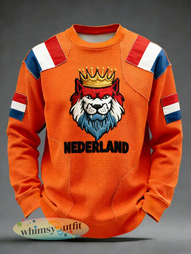 Retro Nederlandse Koningsdag Leeuwenvlag Casual Wafelweefsel T-shirt - Sinaasappel / S