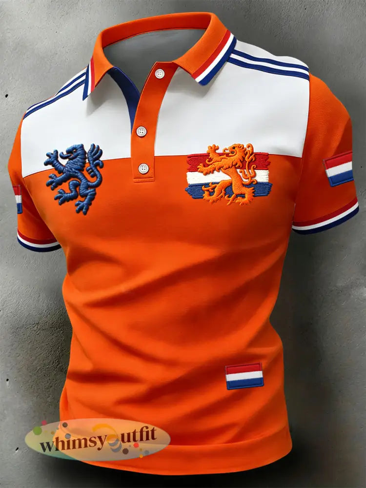 Retro Nederlandse koningsdag patchwork casual poloshirt - Sinaasappel / S