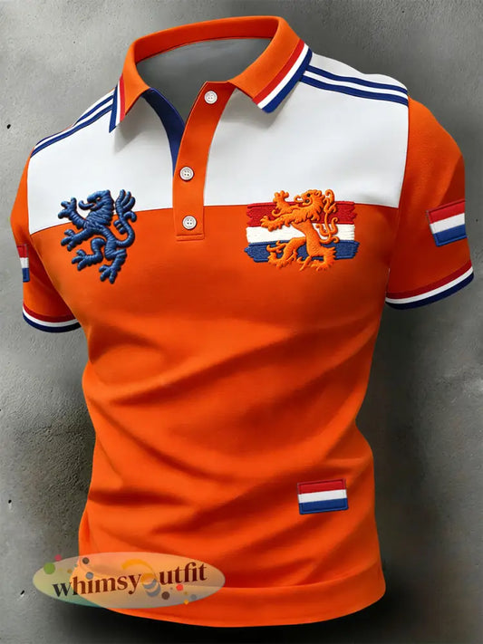 Retro Nederlandse koningsdag patchwork casual poloshirt - Sinaasappel / S