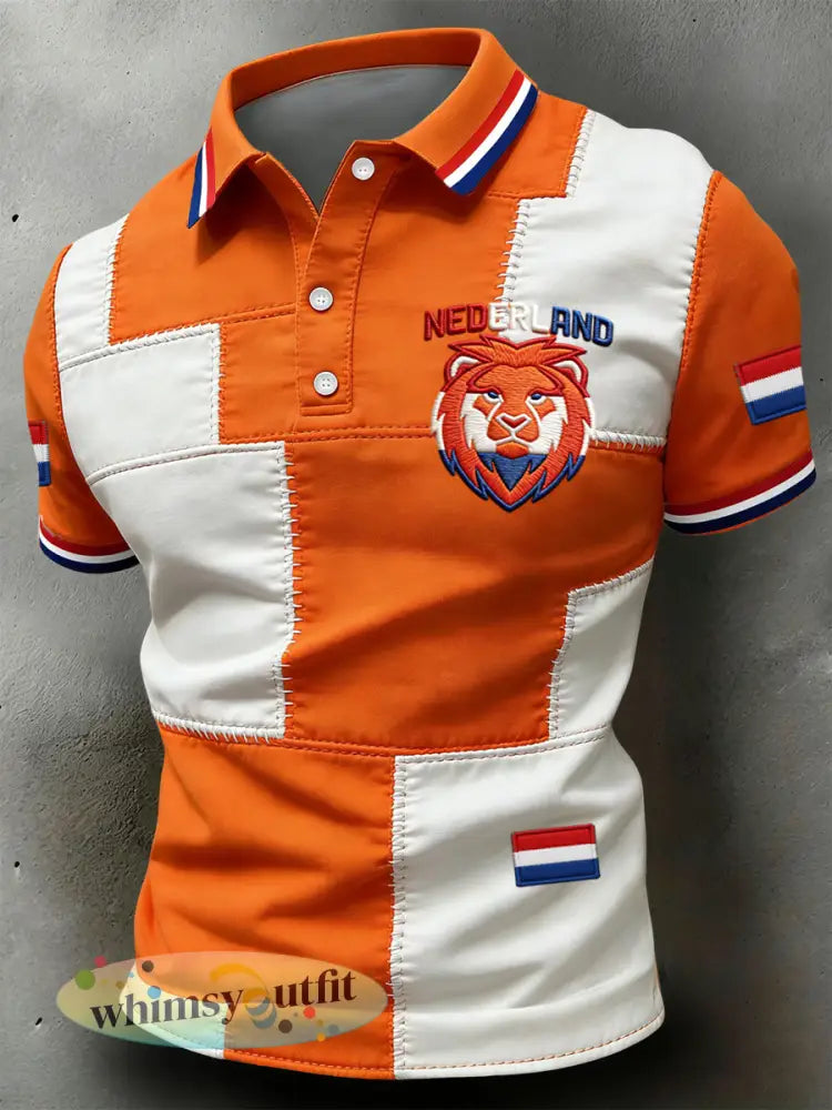 Retro Nederlandse koningsdag patchwork casual poloshirt - Sinaasappel / S