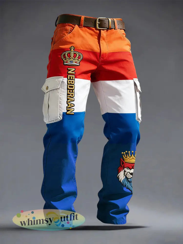 Retro Nederlandse koningsdag patchwork casual werkbroek - Sinaasappel / S