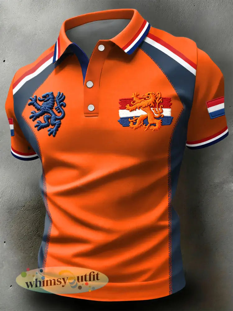 Retro Nederlandse Koningsdag symmetrisch geometrisch casual poloshirt - Sinaasappel / S
