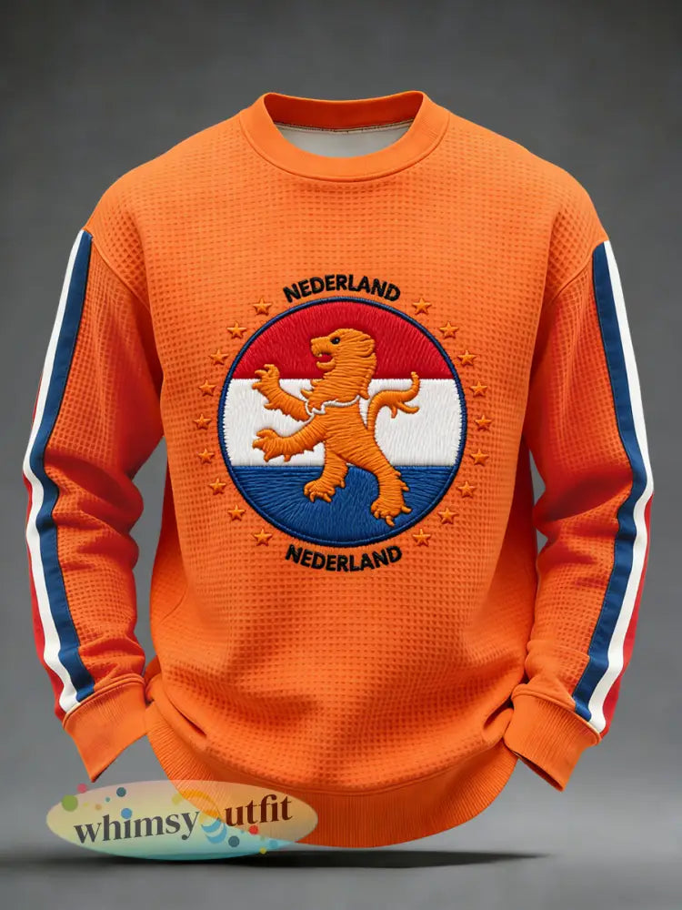 Retro Nederlandse Koningsdag vlag badge casual wafelweefsel T-shirt - Sinaasappel / S