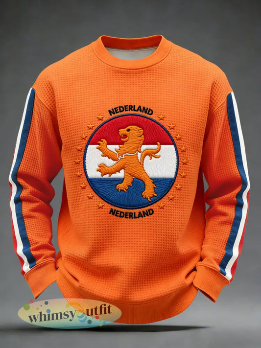 Retro Nederlandse Koningsdag vlag badge casual wafelweefsel T-shirt - Sinaasappel / S