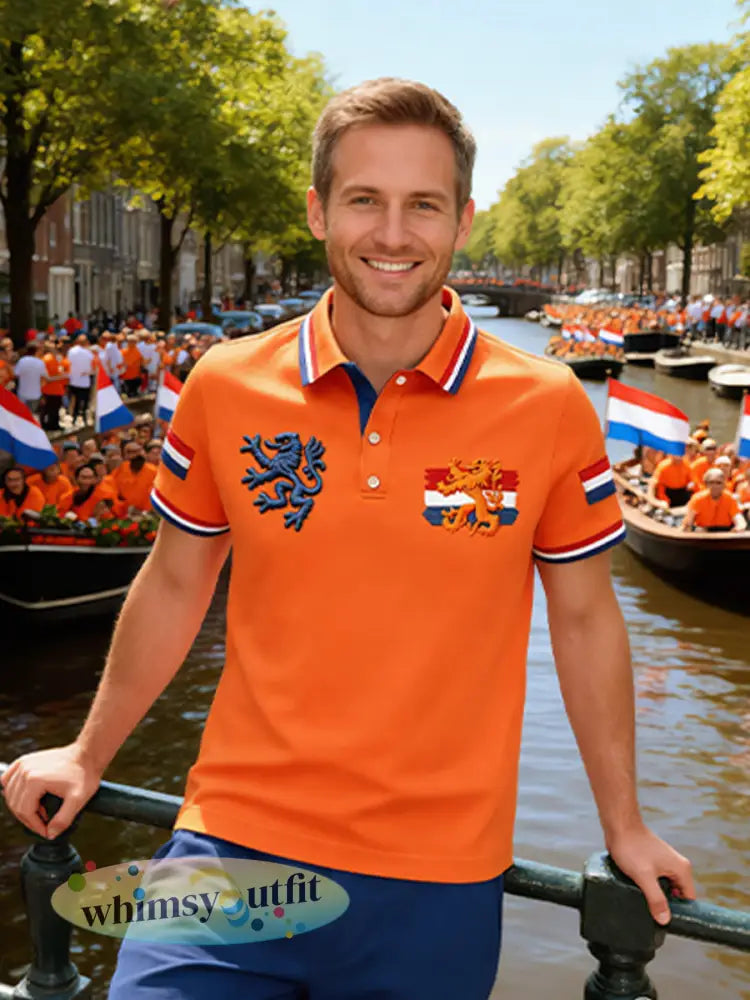 Retro Nederlandse Koningsdag Vlag Casual Poloshirt