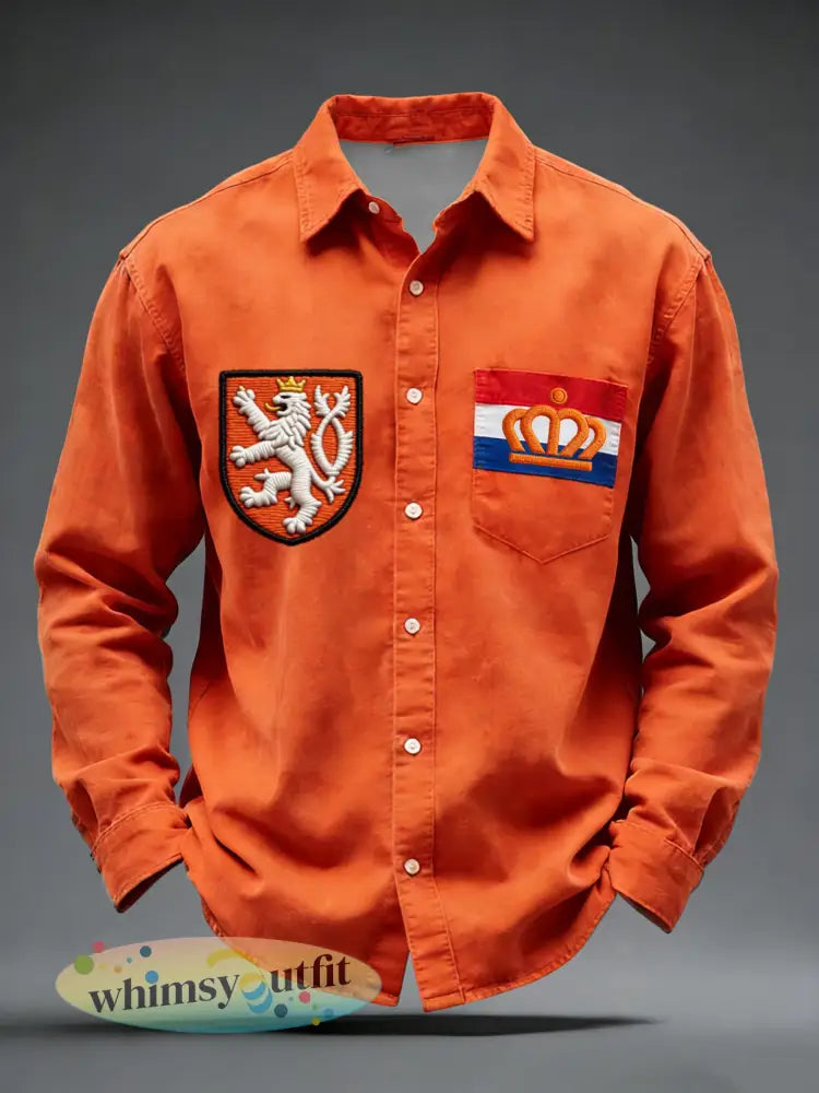 Retro Nederlandse Koningsdag Vlag Embleem Casual Shirt - Sinaasappel / S