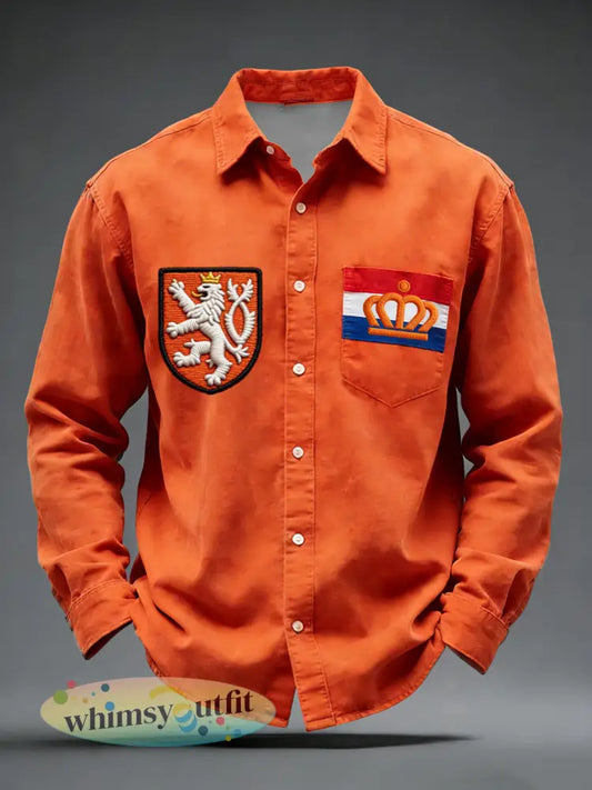 Retro Nederlandse Koningsdag Vlag Embleem Casual Shirt - Sinaasappel / S