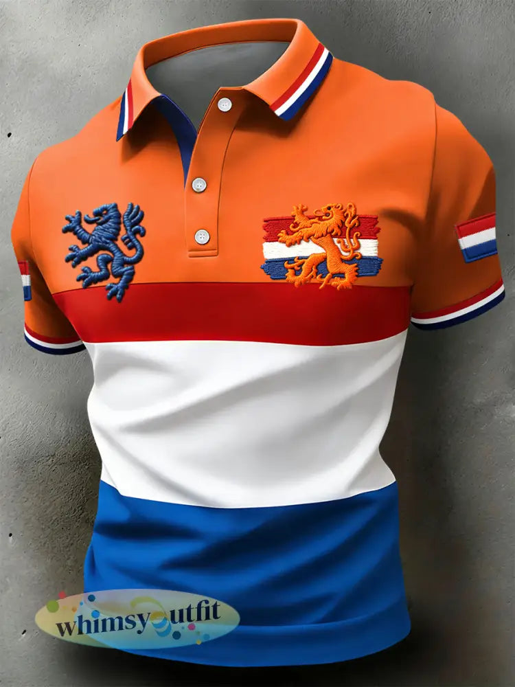 Retro Nederlandse Koningsdag Vlag Patchwork Casual Poloshirt - Sinaasappel / S