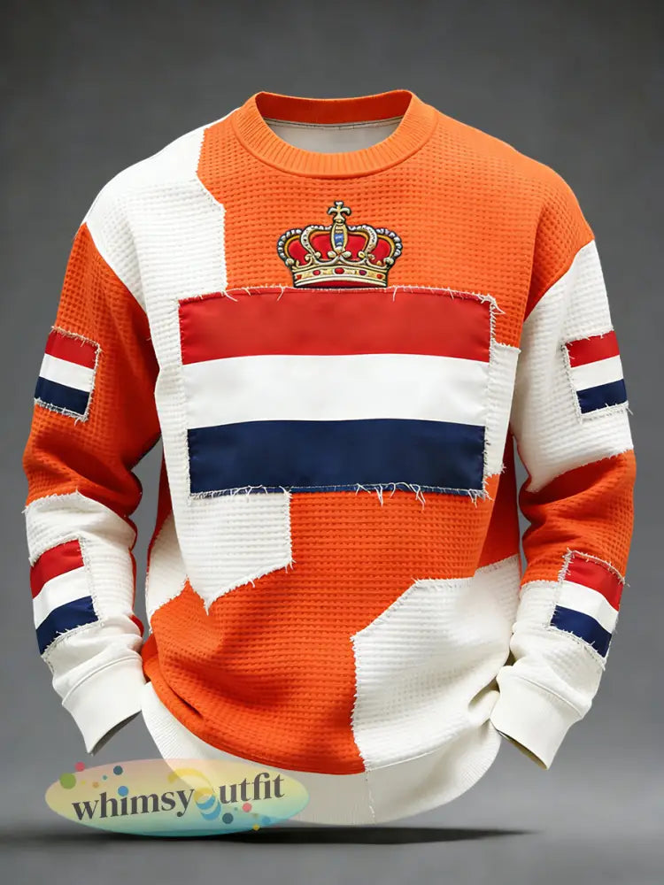 Retro Nederlandse Koningsdag Vlag Patchwork Casual Wafelweefsel T-shirt - Sinaasappel / S