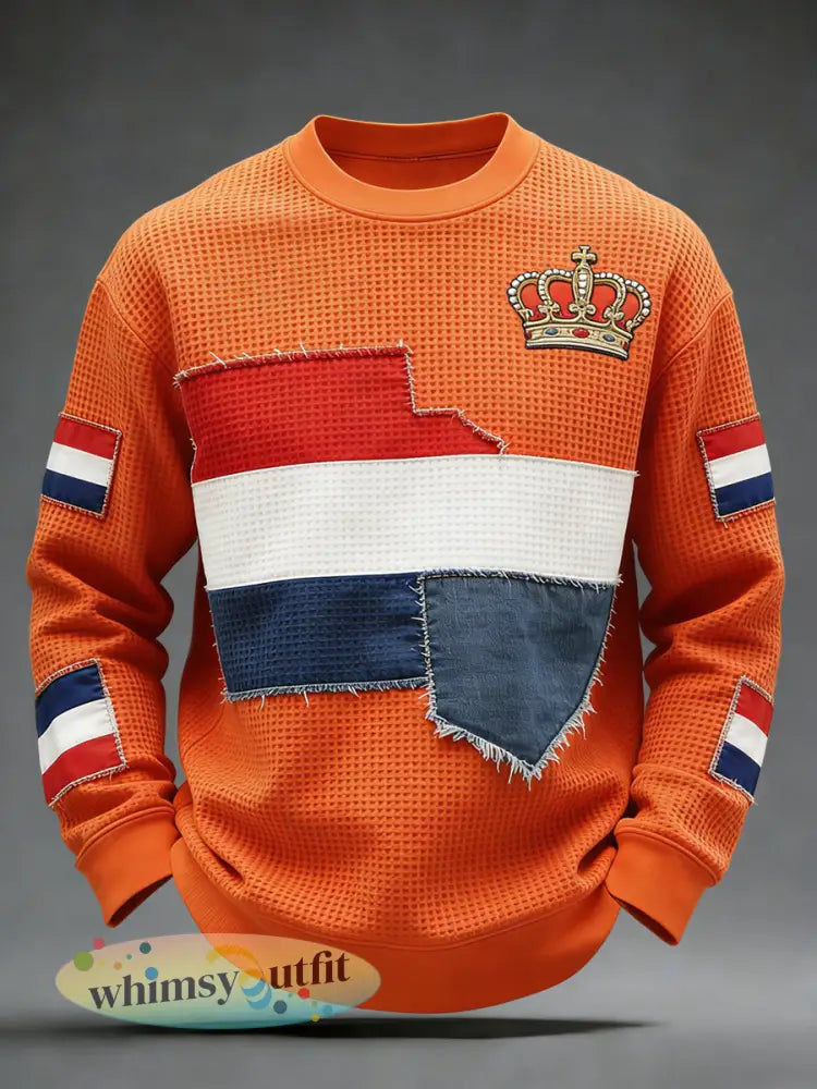 Retro Nederlandse Koningsdag Vlag Patchwork Casual Waffle Weave T-shirt - Sinaasappel / S