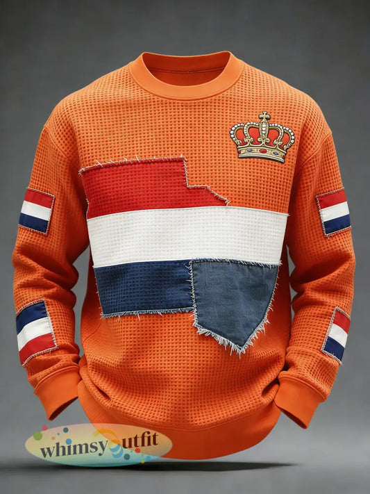 Retro Nederlandse Koningsdag Vlag Patchwork Casual Waffle Weave T-shirt - Sinaasappel / S
