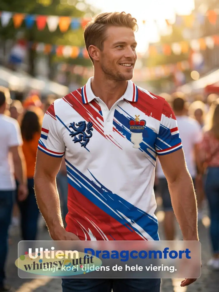 Retro Nederlandse Koningsdag Vlag Streep Casual Poloshirt