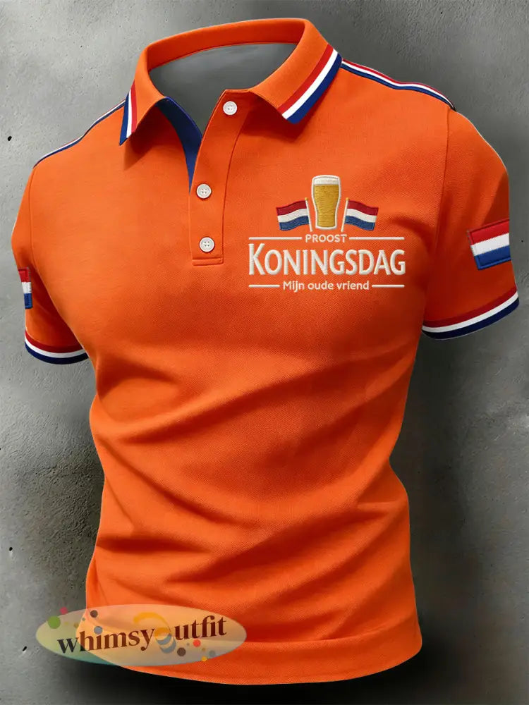 Retro Nederlandse koningsdag vlag viering casual poloshirt - Sinaasappel / S