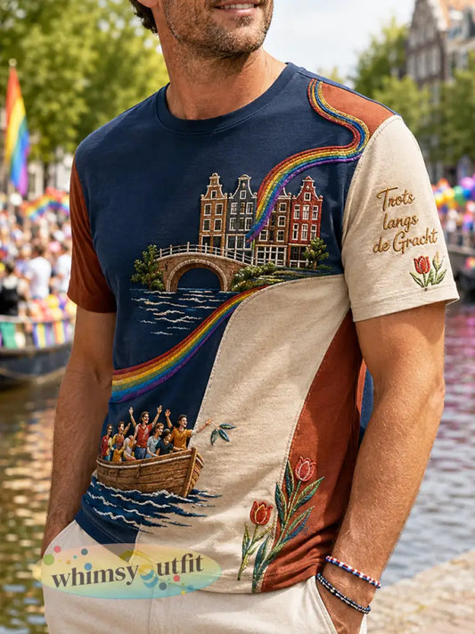 Retro Nederlandse Pride Geometrische Patchwork T-shirt voor heren - als foto / S