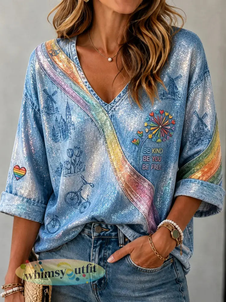 Retro Nederlandse Pride Line Art Casual V-hals top voor dames - als foto / S