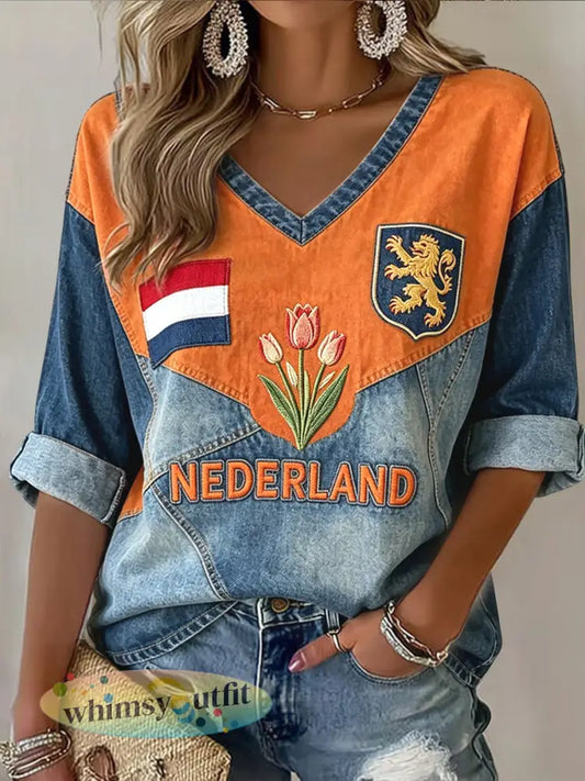 Retro Nederlandse Tulp Patchwork Casual V-hals T-shirt voor dames - Sinaasappel / S