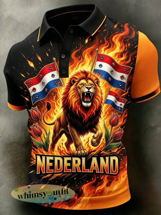 Retro Nederlandse voetbal fanart-print casual poloshirt - A / S
