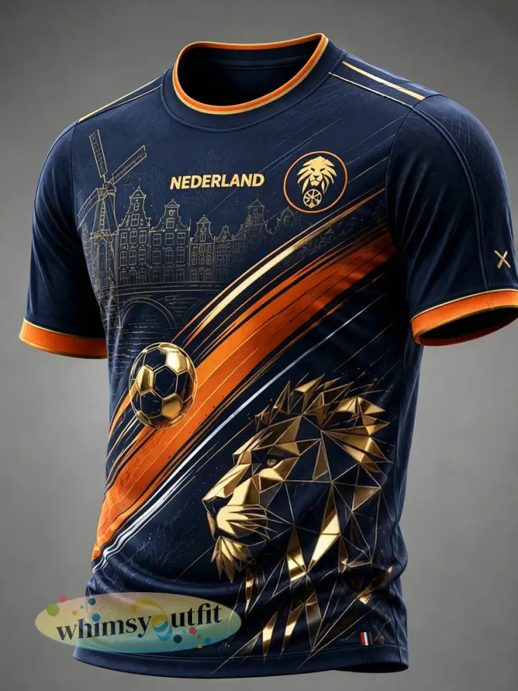 Retro Nederlandse Voetbal Leeuw Kunst Casual T-shirt - als foto / S