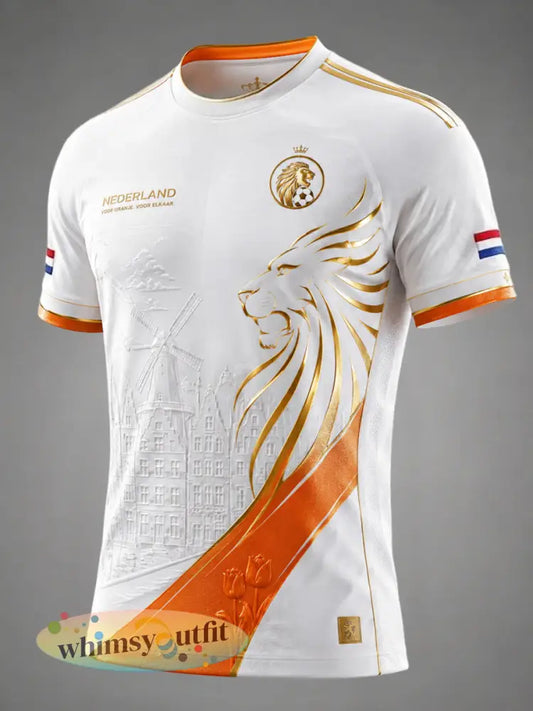 Retro Nederlandse Voetbal Leeuw Patchwork Casual T-shirt - Wit / S