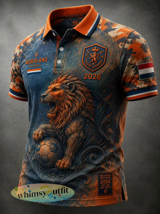 Retro Nederlandse voetbalfan leeuw casual poloshirt - als foto / S