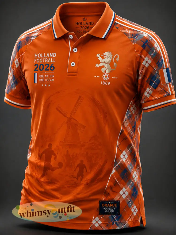 Retro Nederlandse voetbalinspiratie geruit patchwork casual poloshirt - als foto / S