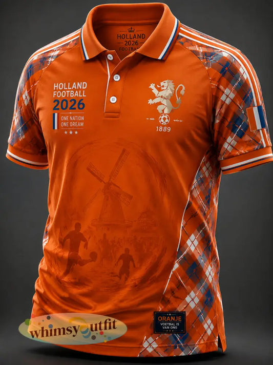 Retro Nederlandse voetbalinspiratie geruit patchwork casual poloshirt - als foto / S