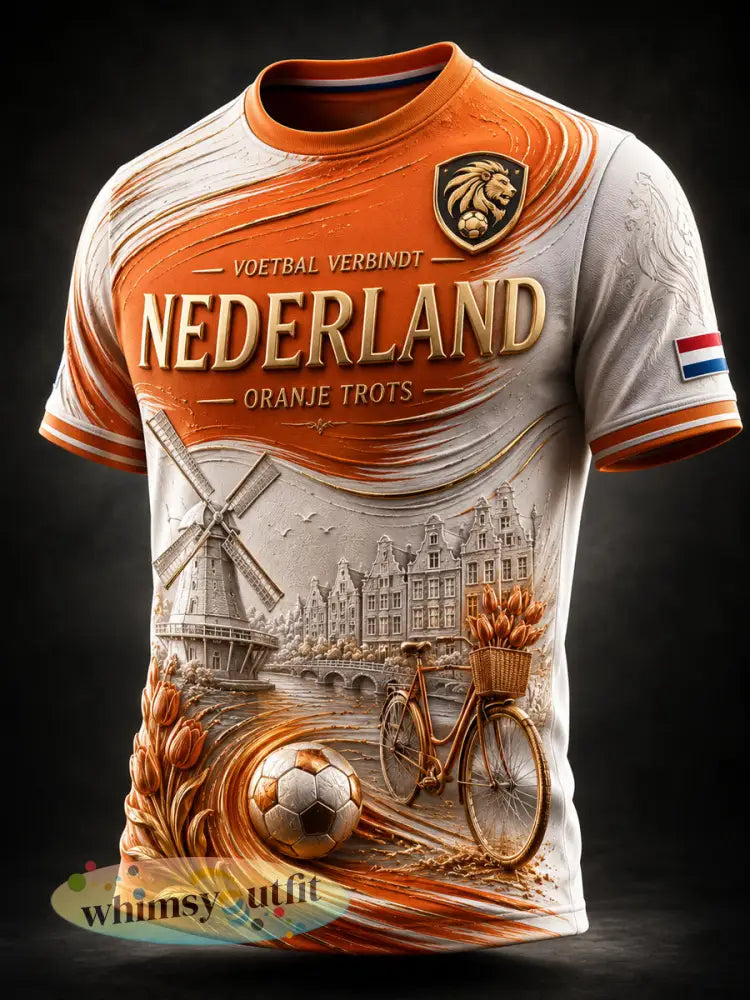Retro Nederlandse Windmolen Voetbal Casual T-shirt - als foto / S