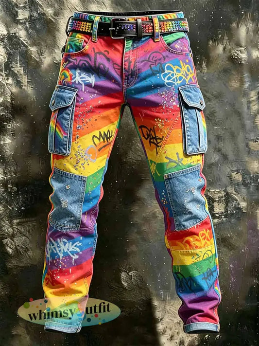 Retro regenboogpatroon voor heren casual werkbroeken - als foto / S