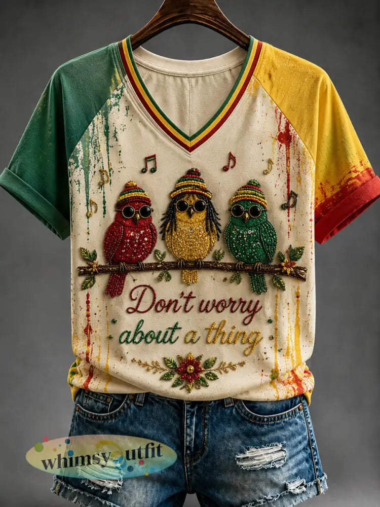 Retro Reggae Art-Print Casual V-hals T-shirt - als foto / S
