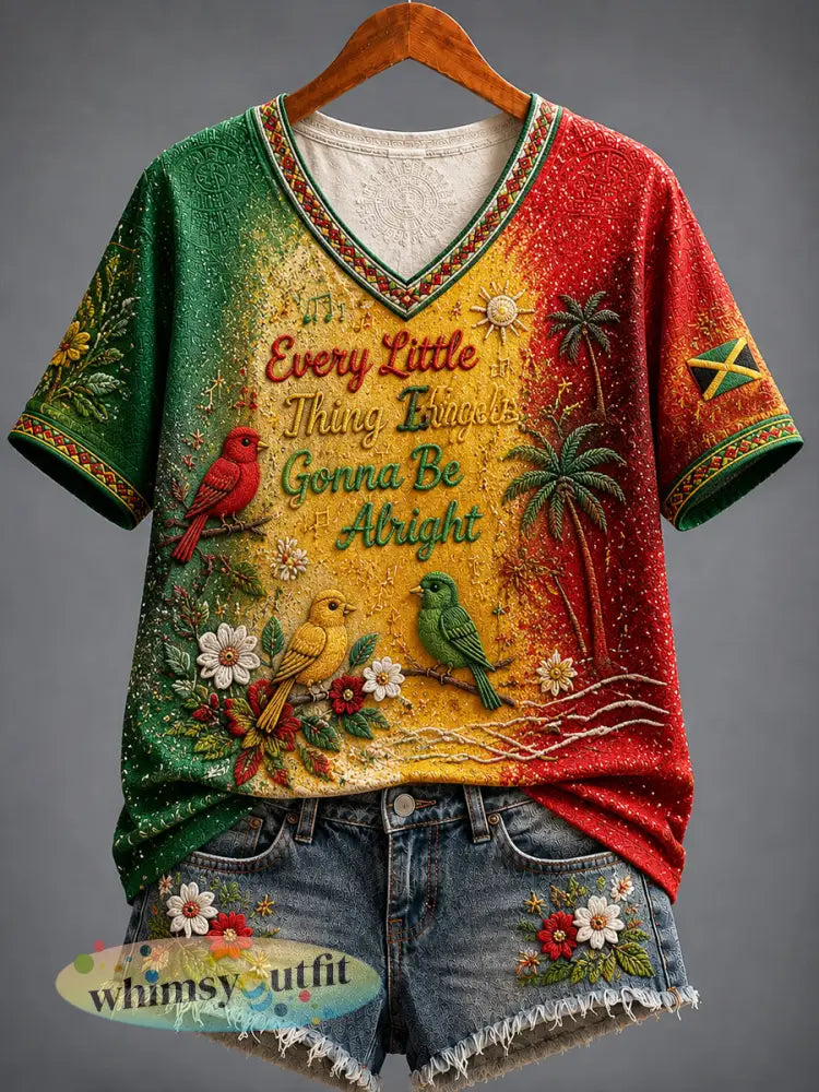 Retro Reggae Art T-shirt met casual V-hals en gradiënt - als foto / S