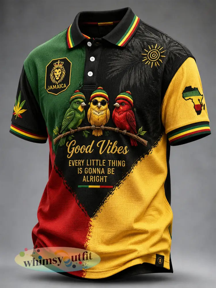 Retro reggae-geïnspireerd patchwork casual wafel poloshirt - als foto / S