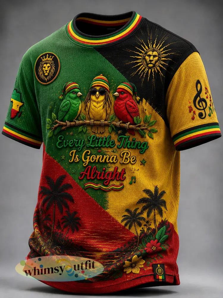 Retro Reggae-geïnspireerde patchwork casual wafel-weave T-shirt - als foto / S