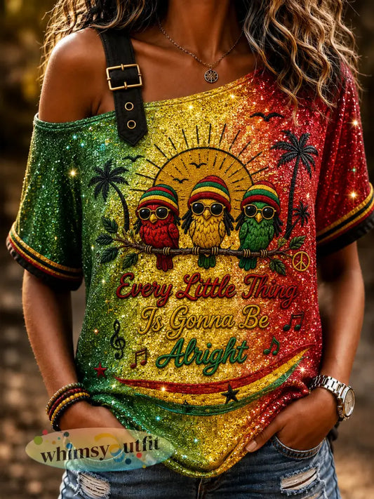 Retro Reggae Ombré Casual off-the-shoulder T-shirt voor dames - als foto / S