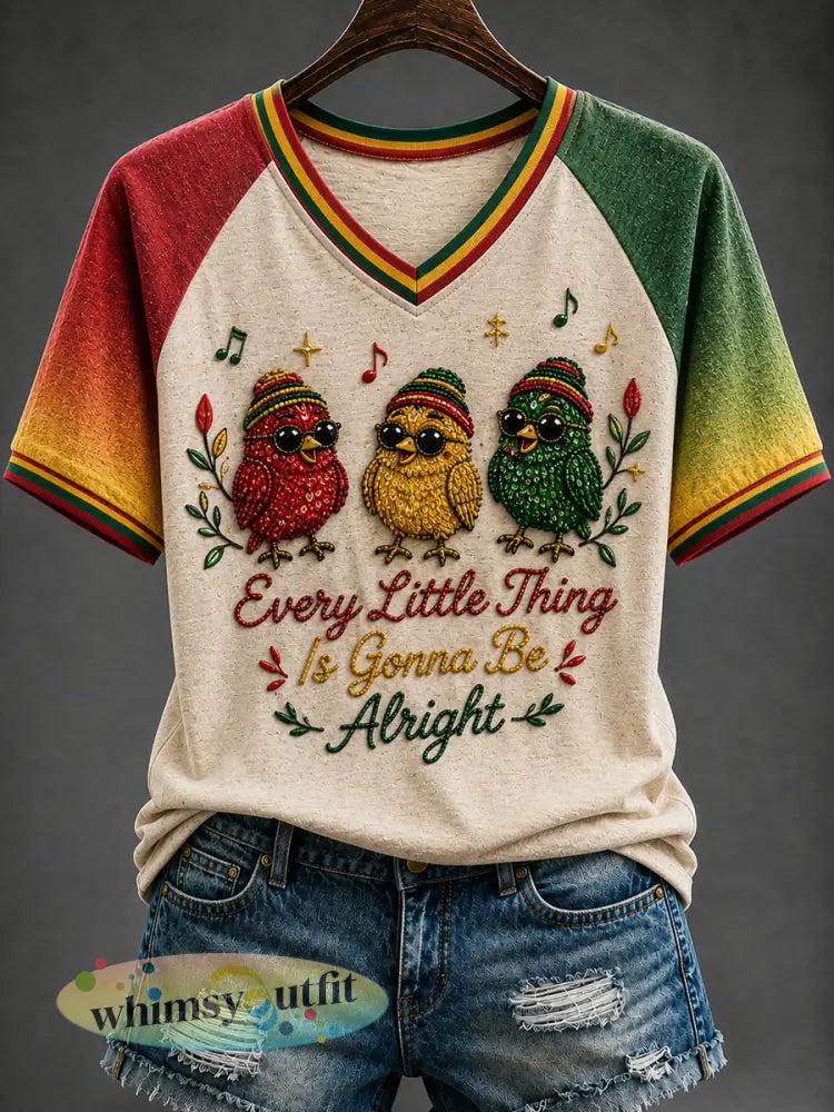 Retro Reggae Patchwork T-shirt met casual V-hals en gradiënt - als foto / S