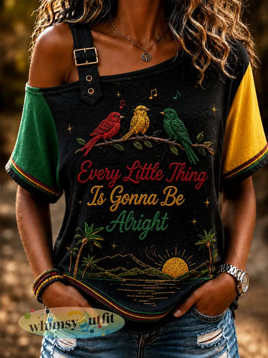 Retro Reggae Patchwork voor dames casual off-the-shoulder T-shirt - als foto / S