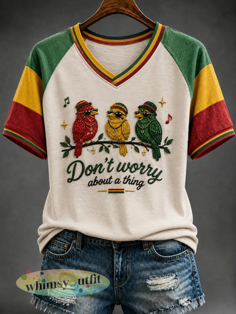 Retro Reggae Print Casual V-hals T-shirt - als foto / S