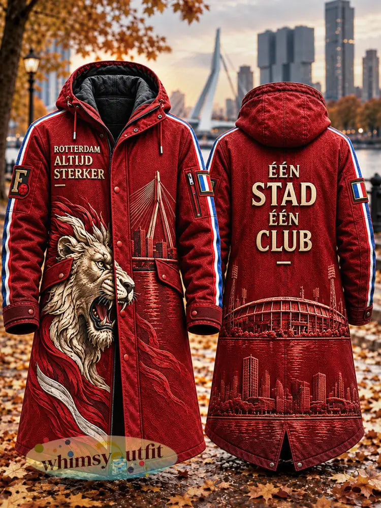 Rode lange vrijetijdsjas met capuchon voor heren van Feyenoord bedrukt met voetbalprint - Rood / S
