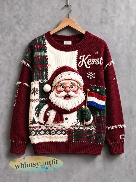Rode Nederlandse kerstruitjesprint patchwork casual damestrui - Veelkleurig / S