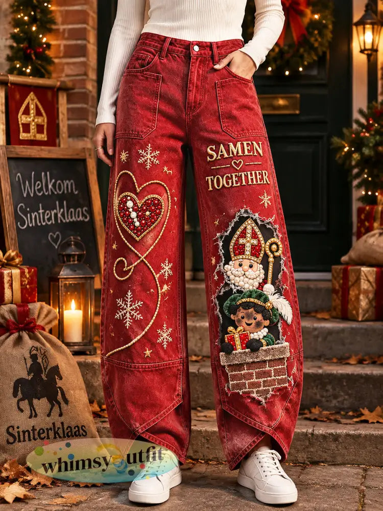 Rode vrijetijdspantalon voor dames met print van Sinterklaas en Zwarte Piet - Rood / S